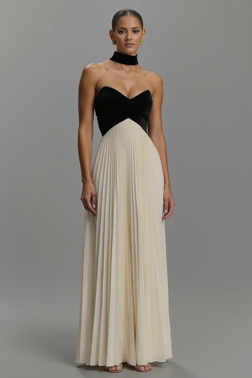 Strapless Pleated Sheath Black and Ivory Formal Dress